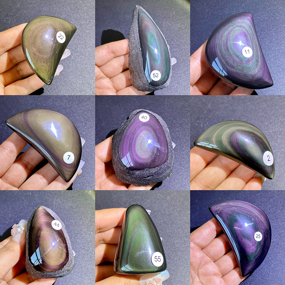Gemstone Polishing Kit - คริสตัลออบซิเดียนสีรุ้งธรรมชาติ รูปทรงพระจันทร์ ตัวอย่างแร่ดิบ หินขัดเงา ของตกแต่งโต๊ะทำงาน ของตกแต่งบ้าน